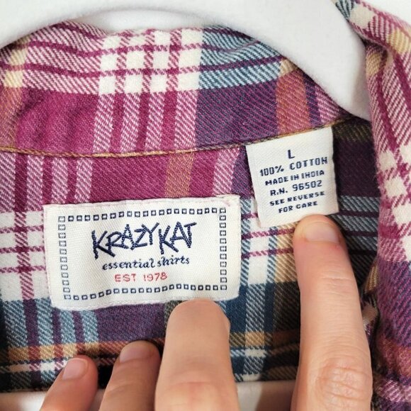 Vintage Krazy Kat Burgundy Green Yellow Plaid Quarter Zip Cropped Flannel Shirt - Picture 3 of 3